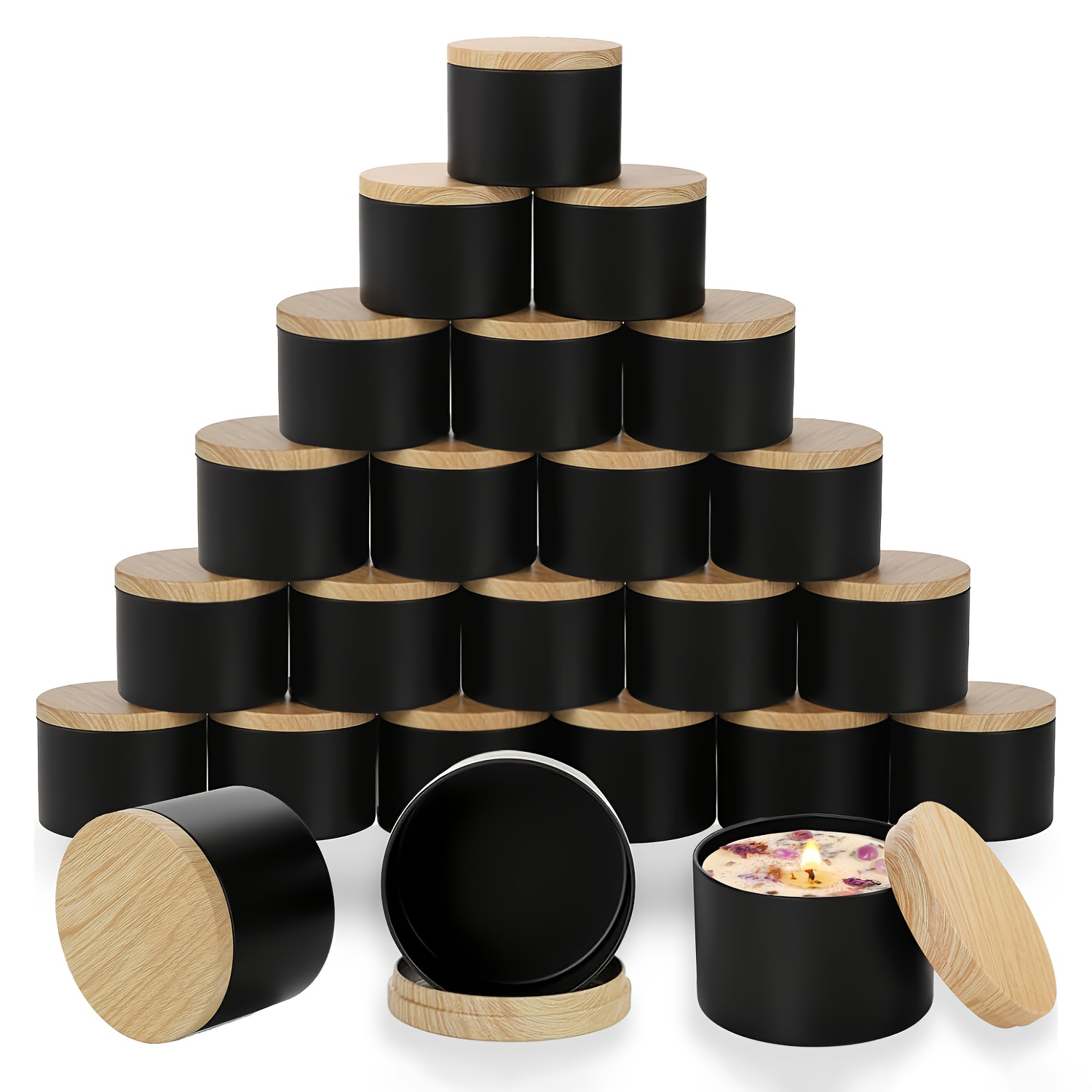 Candle Making Jars Wholesale - Stoples lilin hitam dengan tutup kayu.